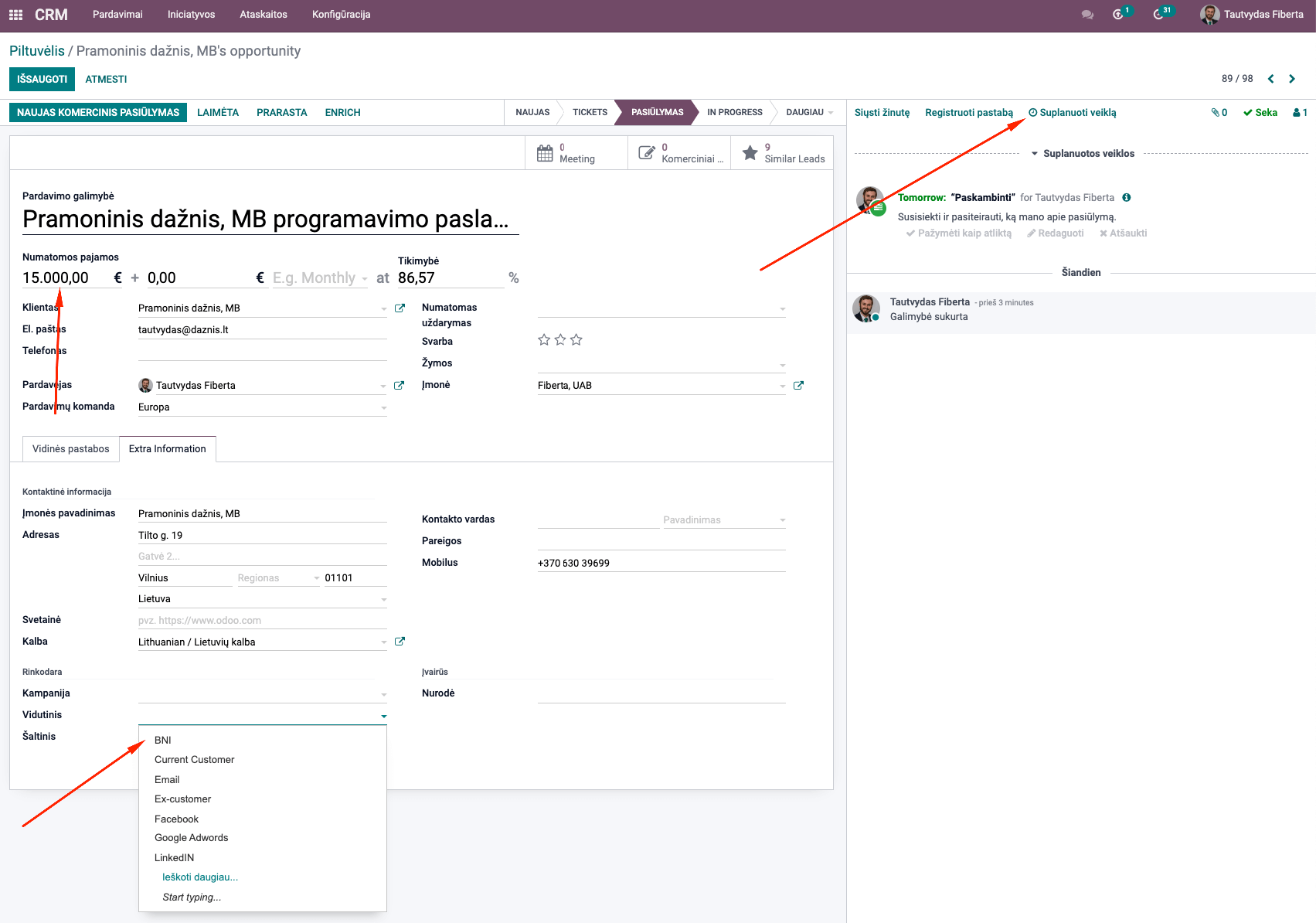 CRM kortelės pildymas