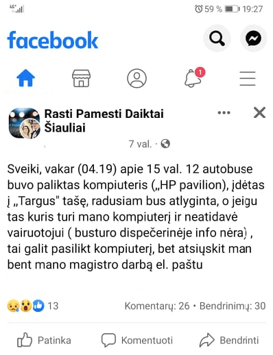 Facebook įrašas, pamestas magistro darbas