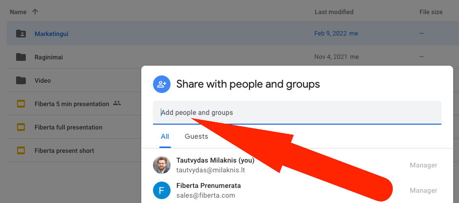 Google Drive talpykla Dokumento dalijimasis share su kitais email