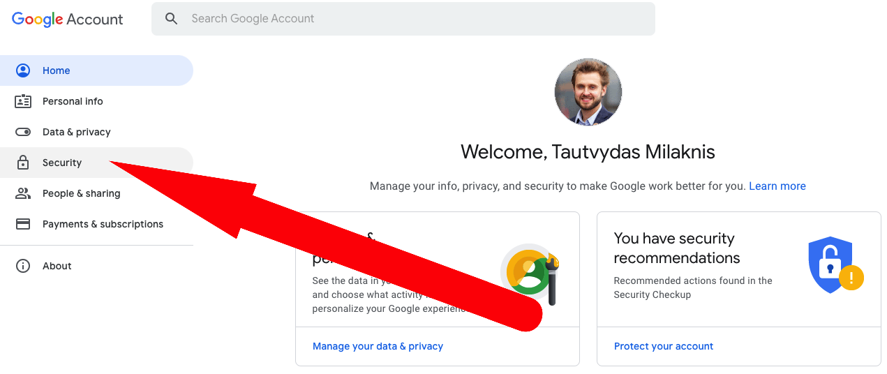 Google Account Security saugumo nustatymai