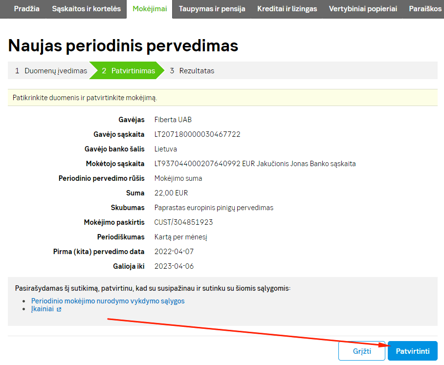 Periodinis mokėjimas Seb kaip atlikti nustatymai ir patvirtinimas