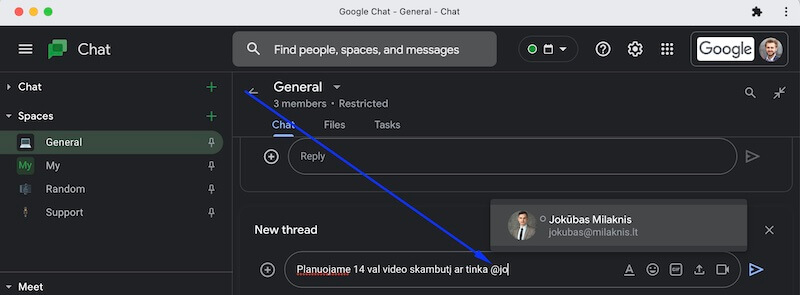 Google Chat susirašinėjimo programa komunikacijai įmonėje kaip paminėti asmenį