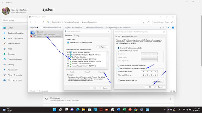 Windows 11 DNS nustatymai